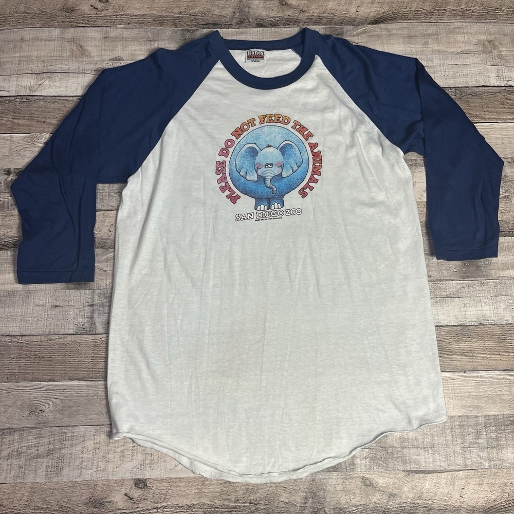 San Diego Zoo Shirt Size XL White Blue Vintage Raglan Do Not Feed Animals Funny
